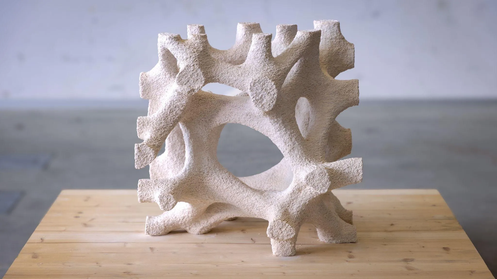 A white branching lattice object on a wooden table