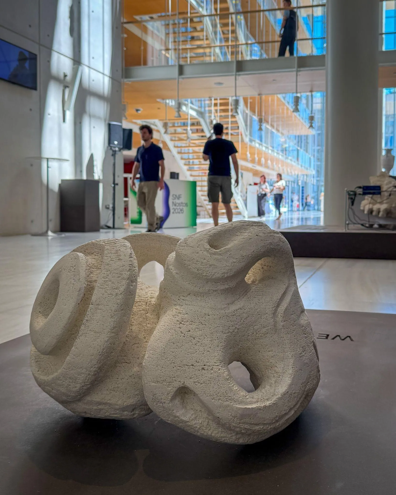 A knotted printed stone object in a bright exhibition hall