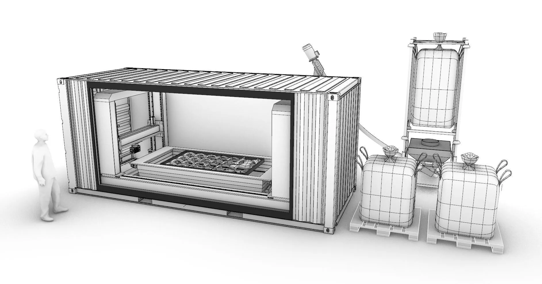 Rendering of the Gen2 printer installed in a 20 ft shipping container