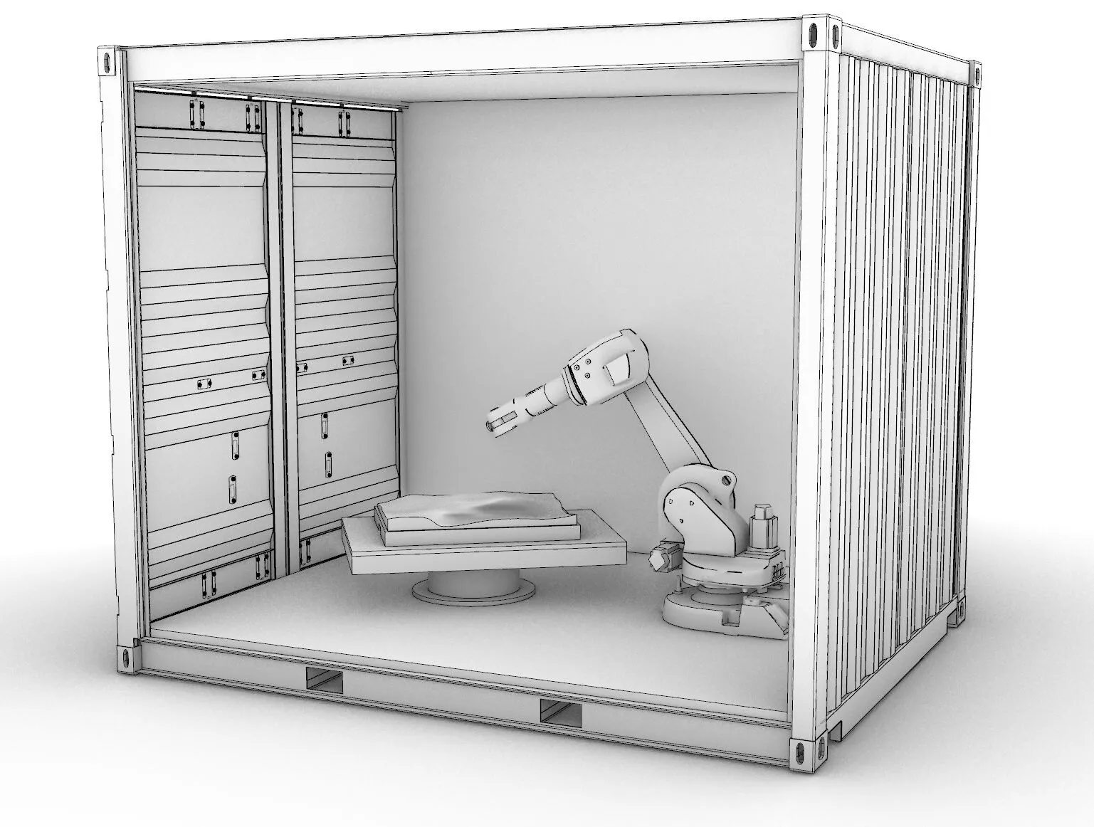 Rendering of a robotic milling cell in a container