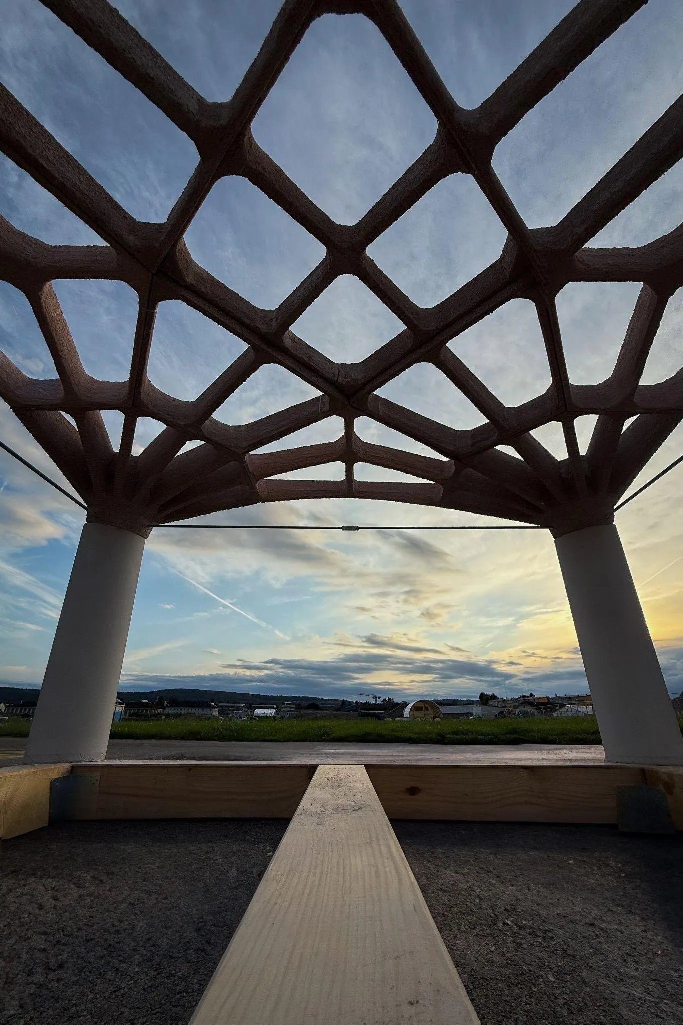 View from below of a printed ribbed vault against the evening sky